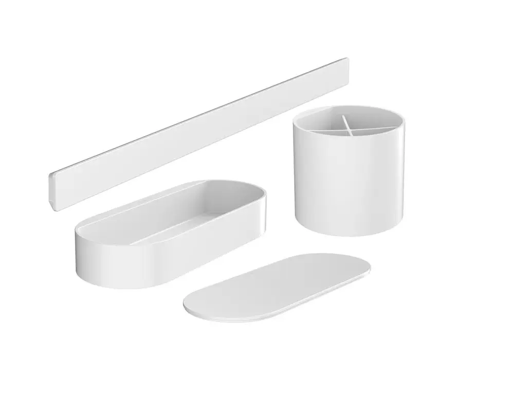 Badezimmer-Set von Hansgrohe in Mattweiß, bestehend aus mehreren Aufbewahrungselementen in verschiedenen Formen, darunter ein ovaler Behälter und ein zylindrischer Halter.